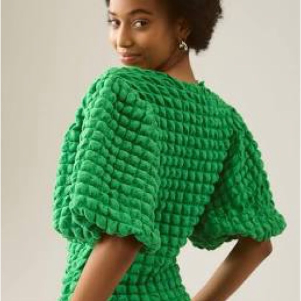 Chic Anthropologie Eri + Ali Kelly Green Textured Puff Sleeve Top/ like new